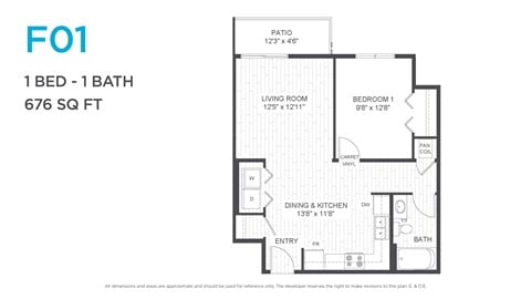 Floor plan for 1 bed, 1 bath, 604 sqft
